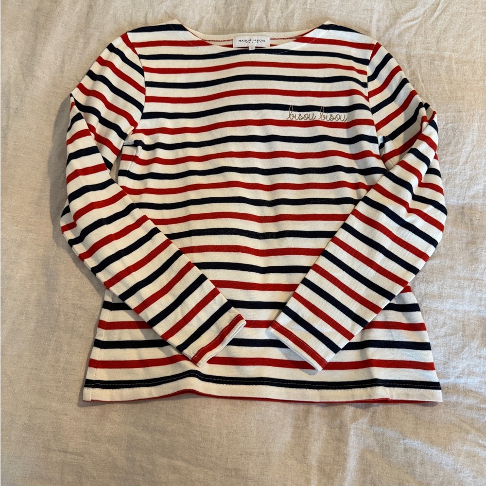 Striped Long-Sleeve Boatneck Top in White, Red & Navy